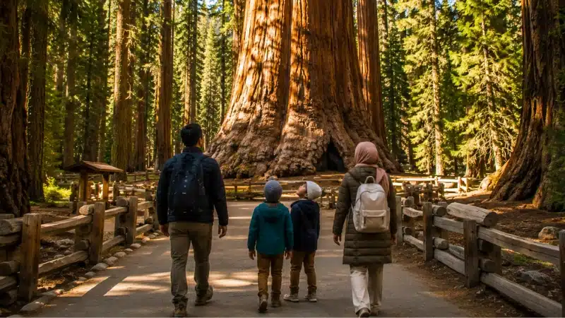 Family with young children walking the paved path to General Sherman Tree in Sequoia National Park