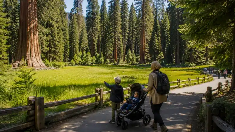 Parent with a stroller on the flat paved Big Trees Trail loop in Sequoia National Park