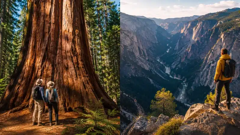 Side by side comparison of a giant sequoia in Sequoia National Park and the deep gorge of Kings Canyon