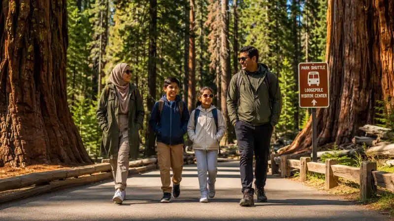 Family walking a paved trail among giant sequoias in the Giant Forest of Sequoia National Park