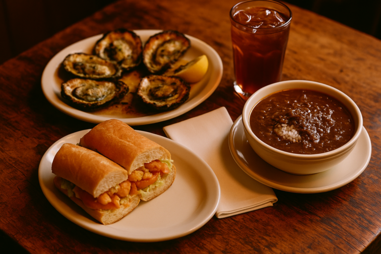 table spread of New Orleans dishes including char-grilled oysters, gumbo and a po boy