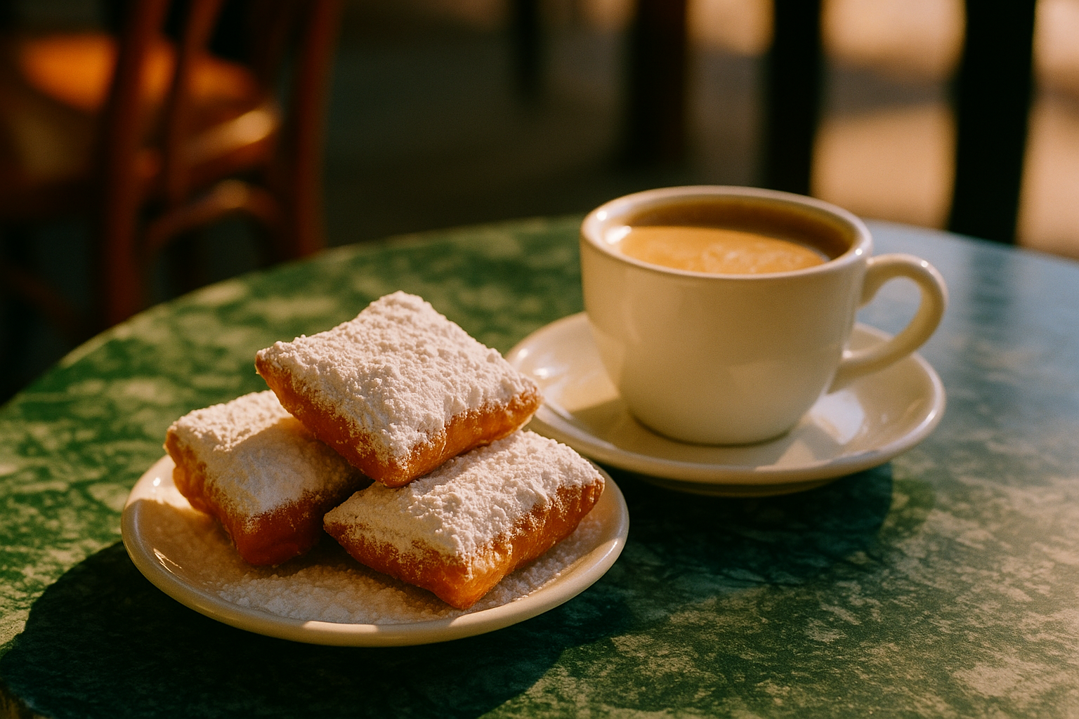 beignets dusted with powdered sugar beside a chicory cafe au lait in New Orleans