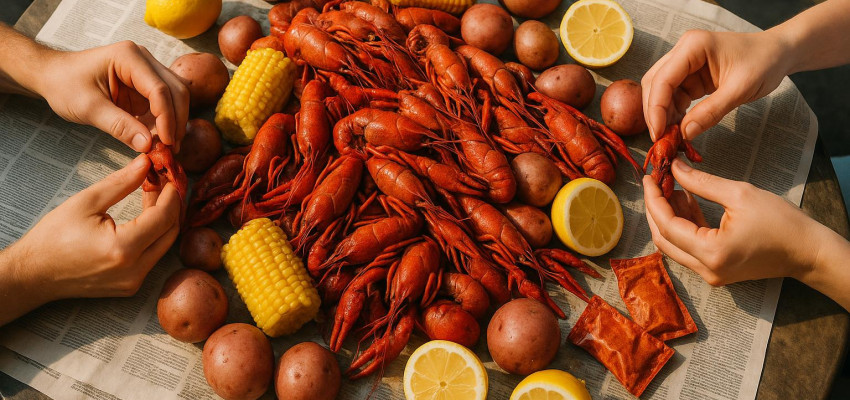 New Orleans crawfish boil with corn and potatoes on a newspaper-covered table at a Louisiana seafood restaurant