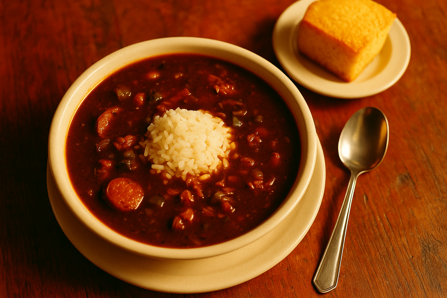 bowl of dark Creole gumbo with rice and cornbread at a New Orleans restaurant