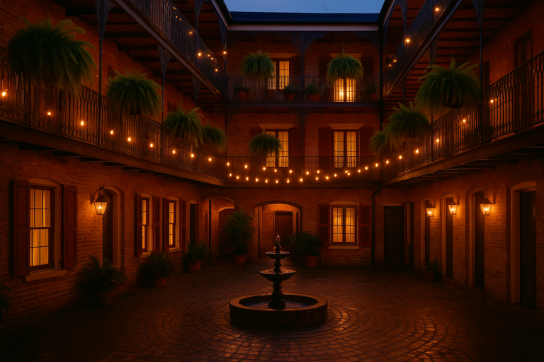 historic French Quarter hotel courtyard at dusk in New Orleans