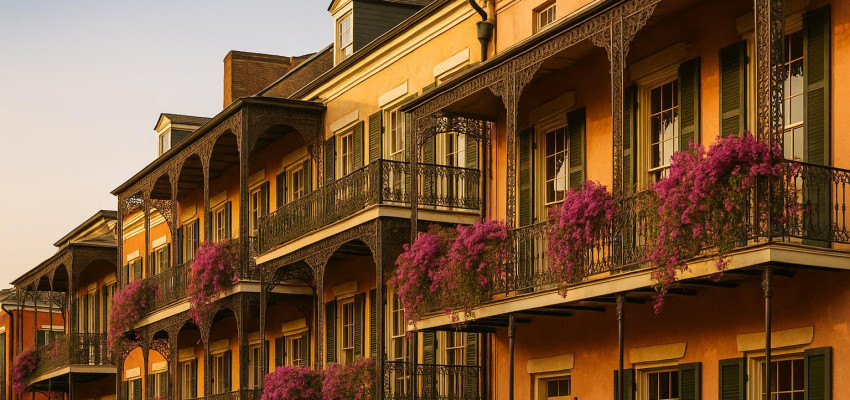 New Orleans French Quarter iron balconies with flowers in evening light