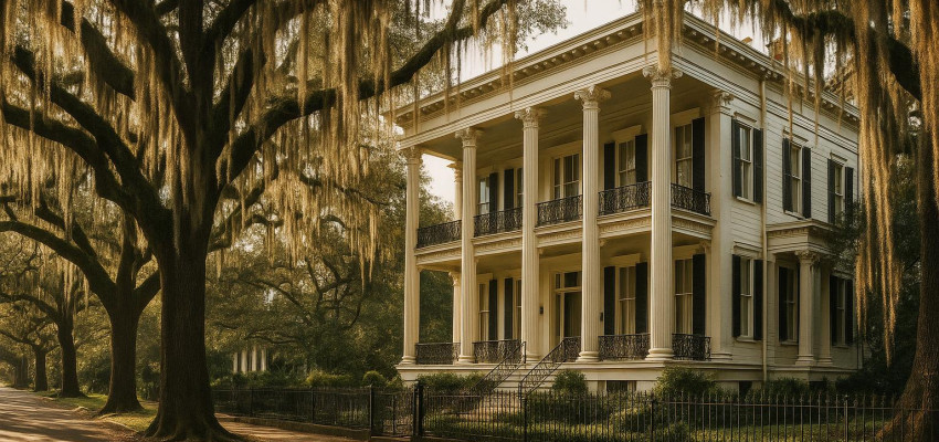 Garden District New Orleans Victorian mansion with live oak trees and Spanish moss on the sidewalk