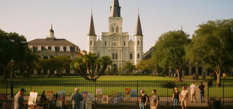 Jackson Square New Orleans with St. Louis Cathedral in the background and street artists