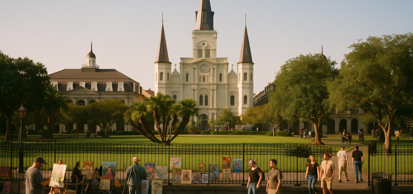 Jackson Square New Orleans with St. Louis Cathedral in the background and street artists
