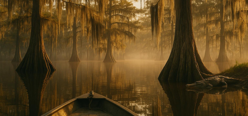 Louisiana bayou swamp tour with cypress trees and Spanish moss near New Orleans