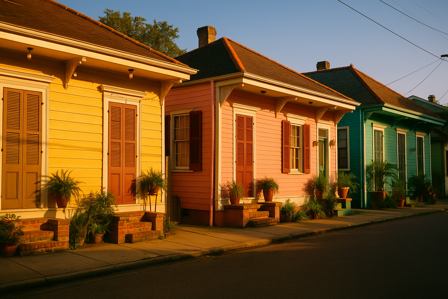 colorful Creole cottage houses on a quiet Marigny street in New Orleans