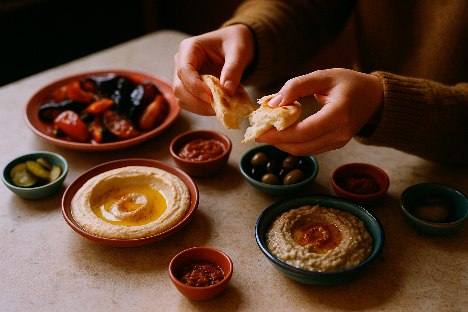 warm flatbread torn by hand over Middle Eastern small plates and dips