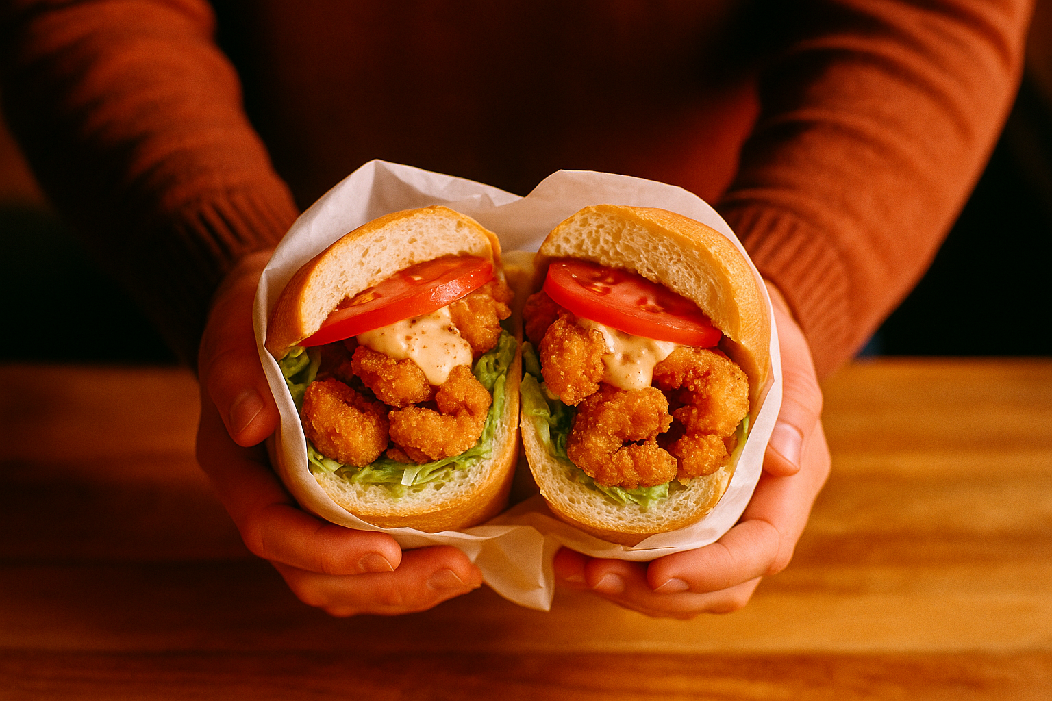 dressed shrimp po boy on French bread wrapped in butcher paper