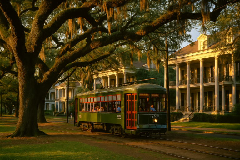 St Charles Avenue streetcar passing Garden District mansions in New Orleans