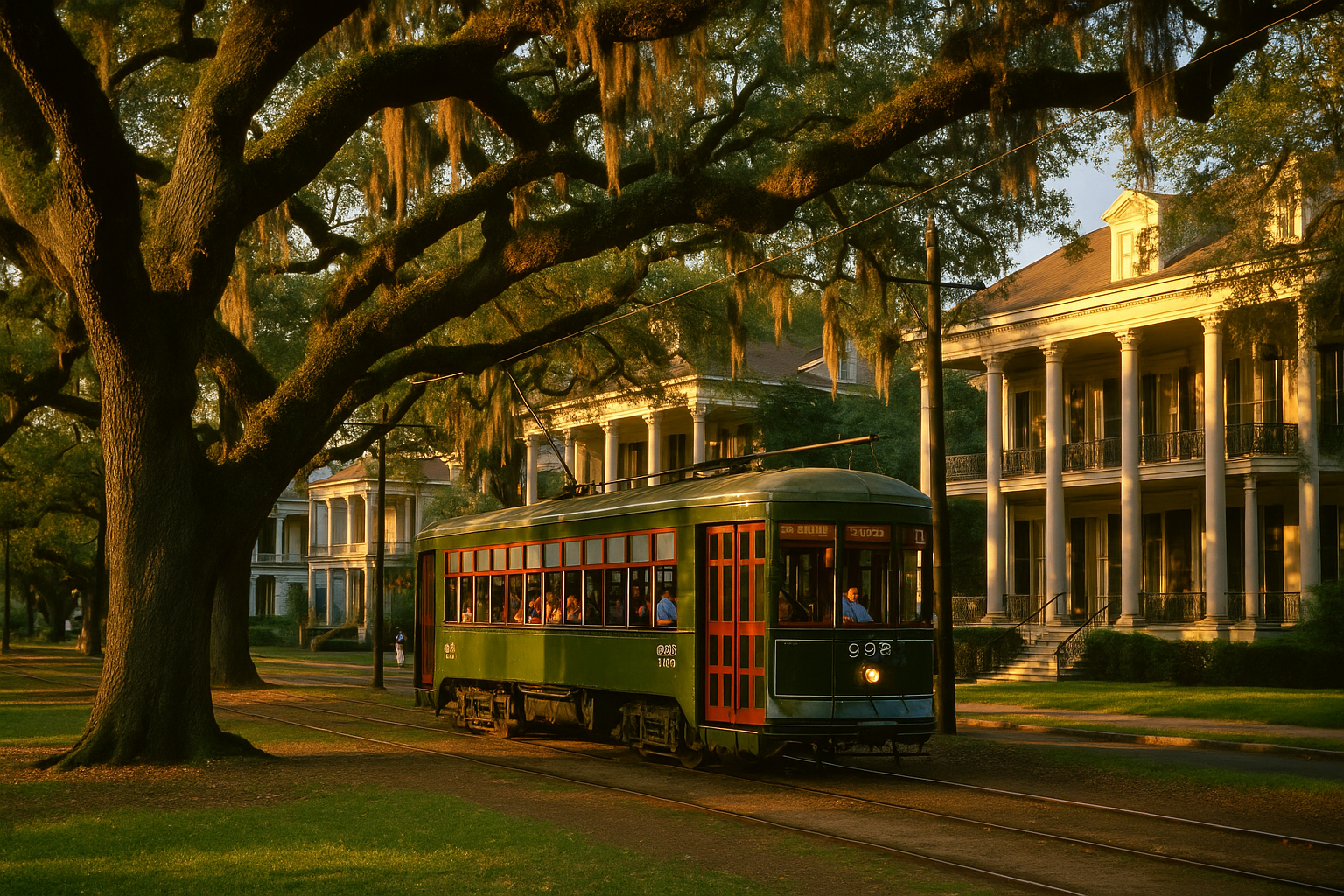 St Charles Avenue streetcar passing Garden District mansions in New Orleans