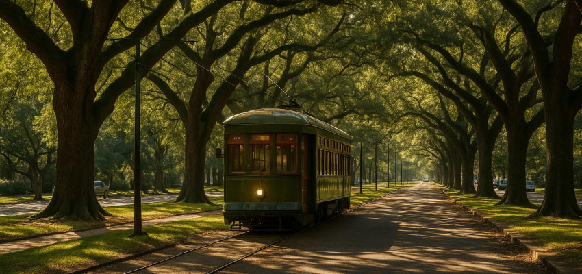 New Orleans St Charles streetcar under live oak tree canopy on St Charles Avenue