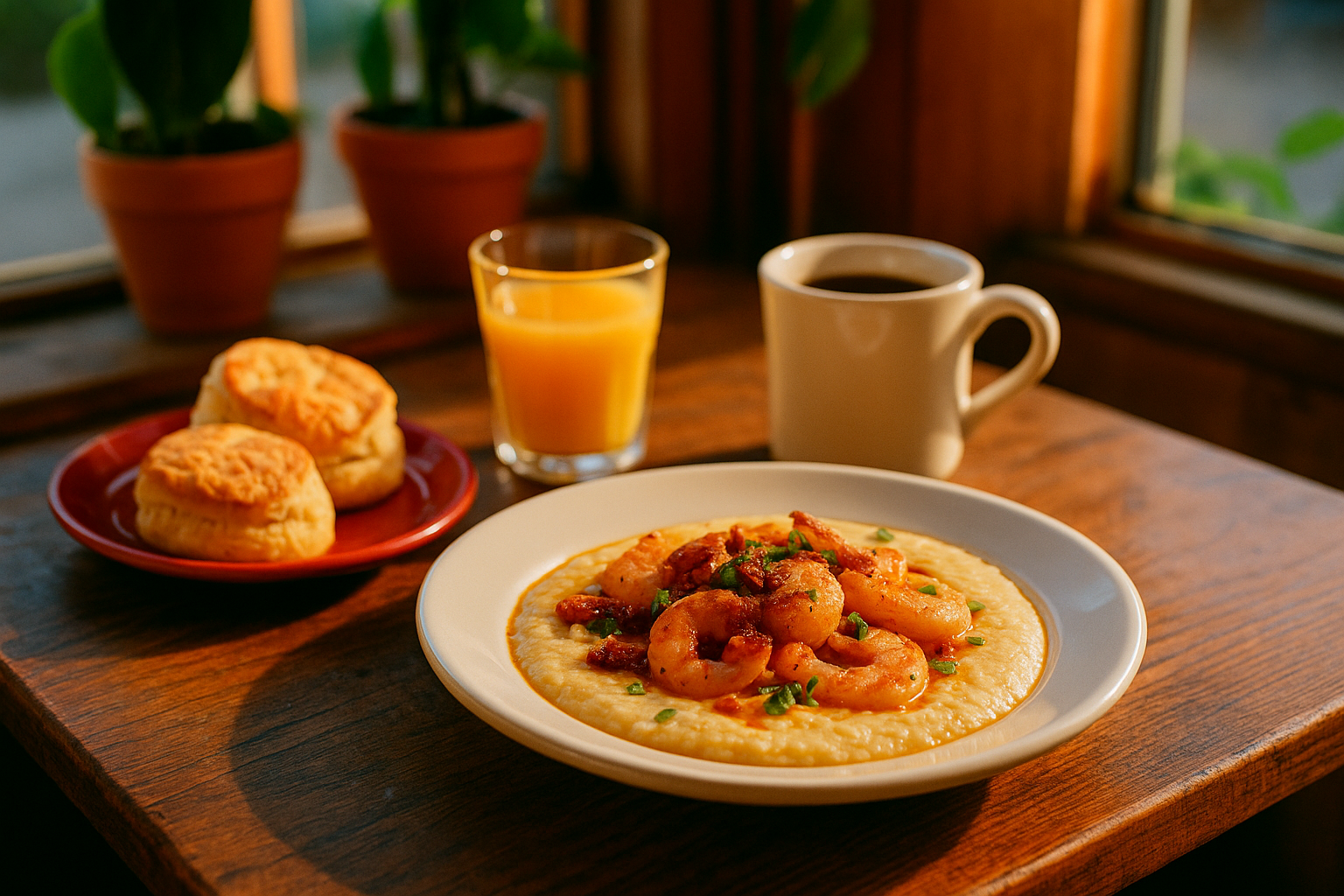 shrimp and grits brunch plate at a neighborhood restaurant in Uptown New Orleans