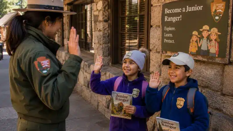 Children being sworn in as Junior Rangers at a Sequoia National Park visitor center