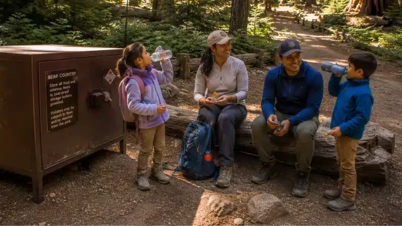 Family taking a water break beside a bear-proof food locker on a trail in Sequoia National Park