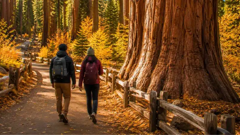 Two hikers on a quiet trail among giant sequoias in golden fall light