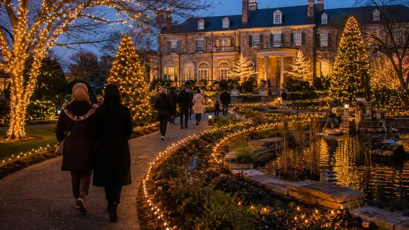 Cheekwood gardens lit up with holiday lights in Nashville during winter