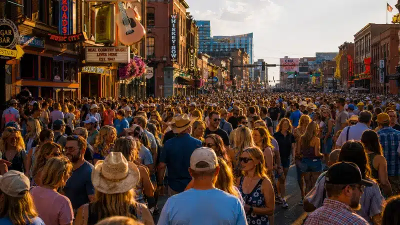 Crowded Broadway street in downtown Nashville during CMA Fest in summer