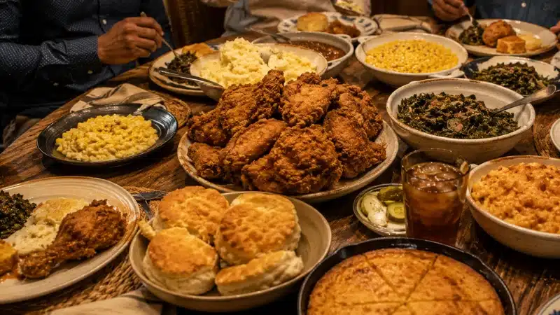 Family-style Southern dinner spread at a Nashville restaurant