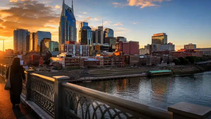Nashville skyline at golden hour, the setting for a 1, 2, or 3-day itinerary