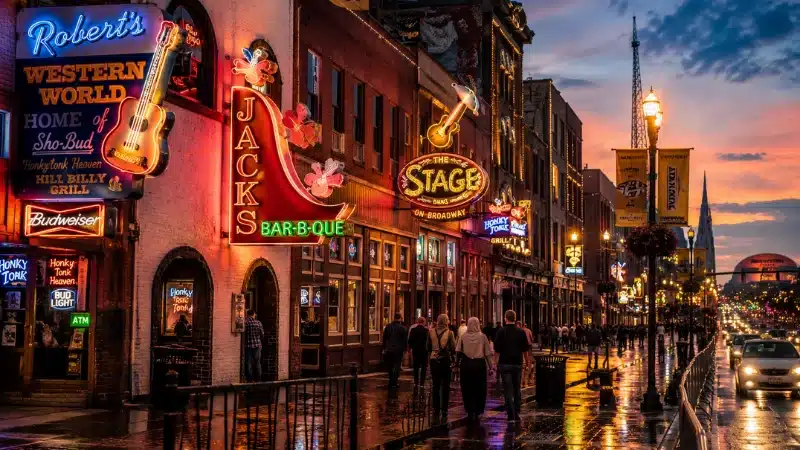 Neon-lit honky-tonk bars along Broadway at dusk, the first stop on any Nashville itinerary