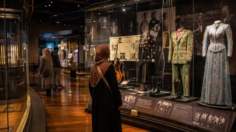 Visitors exploring exhibits inside the Country Music Hall of Fame, a morning stop on the 1-day itinerary