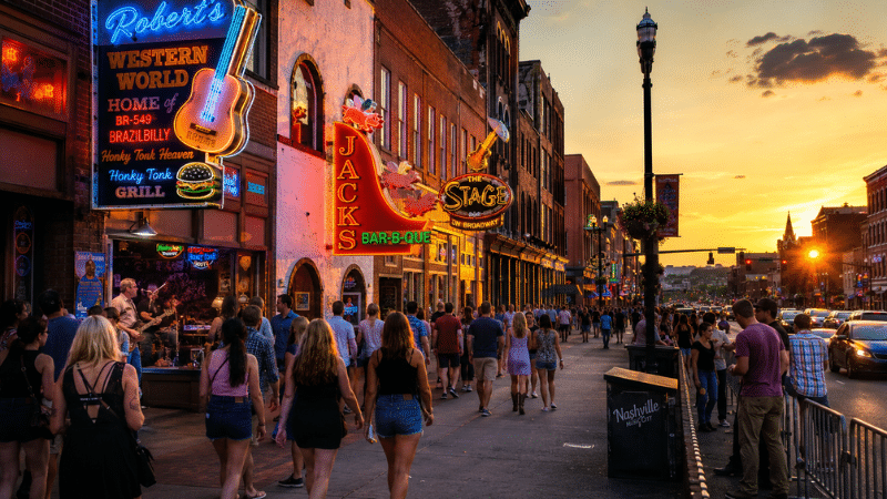 Pedestrians walking Lower Broadway in Nashville at golden hour with neon honky tonk signs glowing