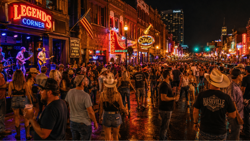 Weekend crowd enjoying live music on Lower Broadway Nashville at night