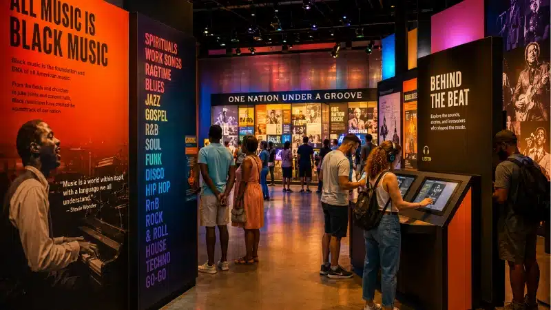 Visitors exploring colorful interactive exhibits inside the National Museum of African American Music in Nashville