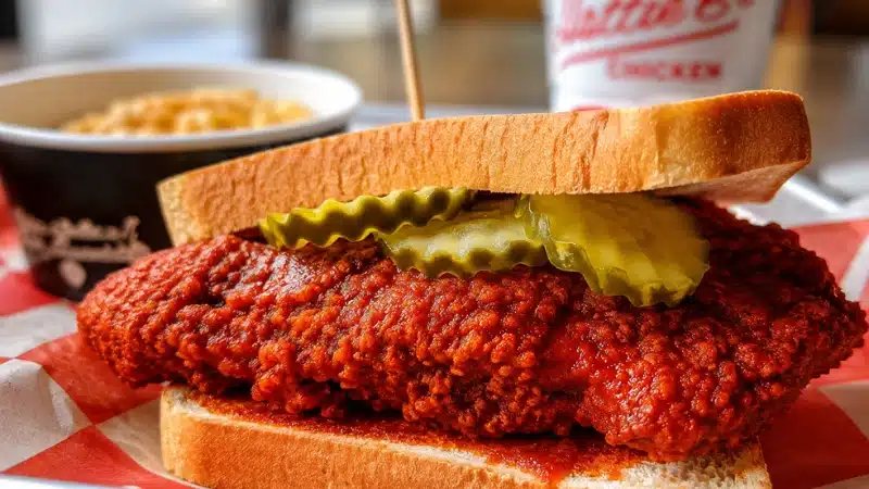 Nashville hot chicken served on white bread with pickles, coated in signature deep-red cayenne spice paste