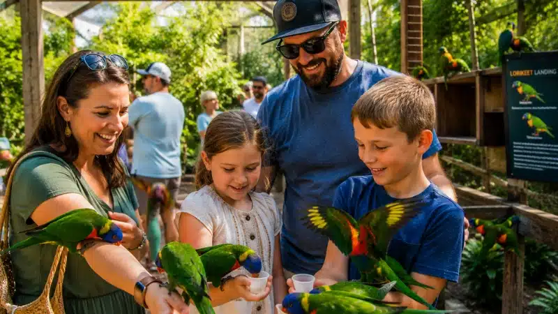 Family feeding colorful lorikeet birds at Lorikeet Landing exhibit at Nashville Zoo at Grassmere